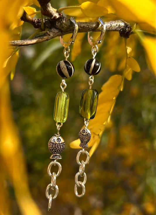Large Green, Black, and White Fish Earrings