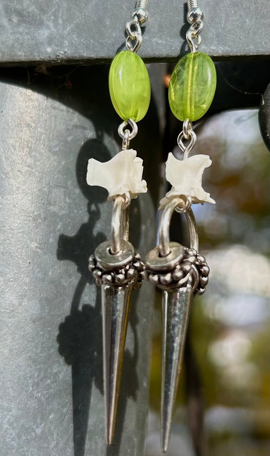 Medium Green and Rattlesnake Skeleton Spike Earrings