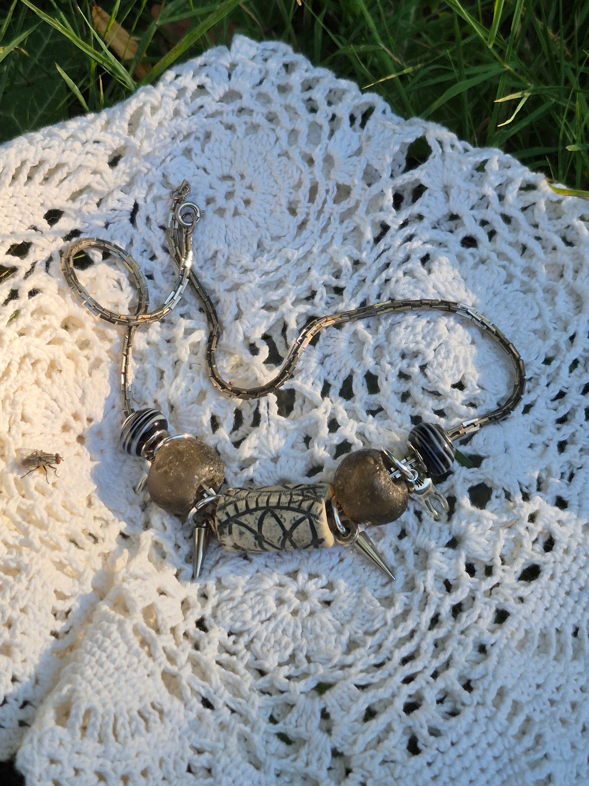 Chunky Clay and Glass Beads Silver Necklace