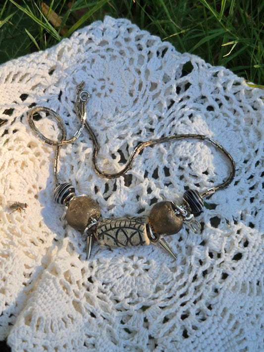 Chunky Clay and Glass Beads Silver Necklace