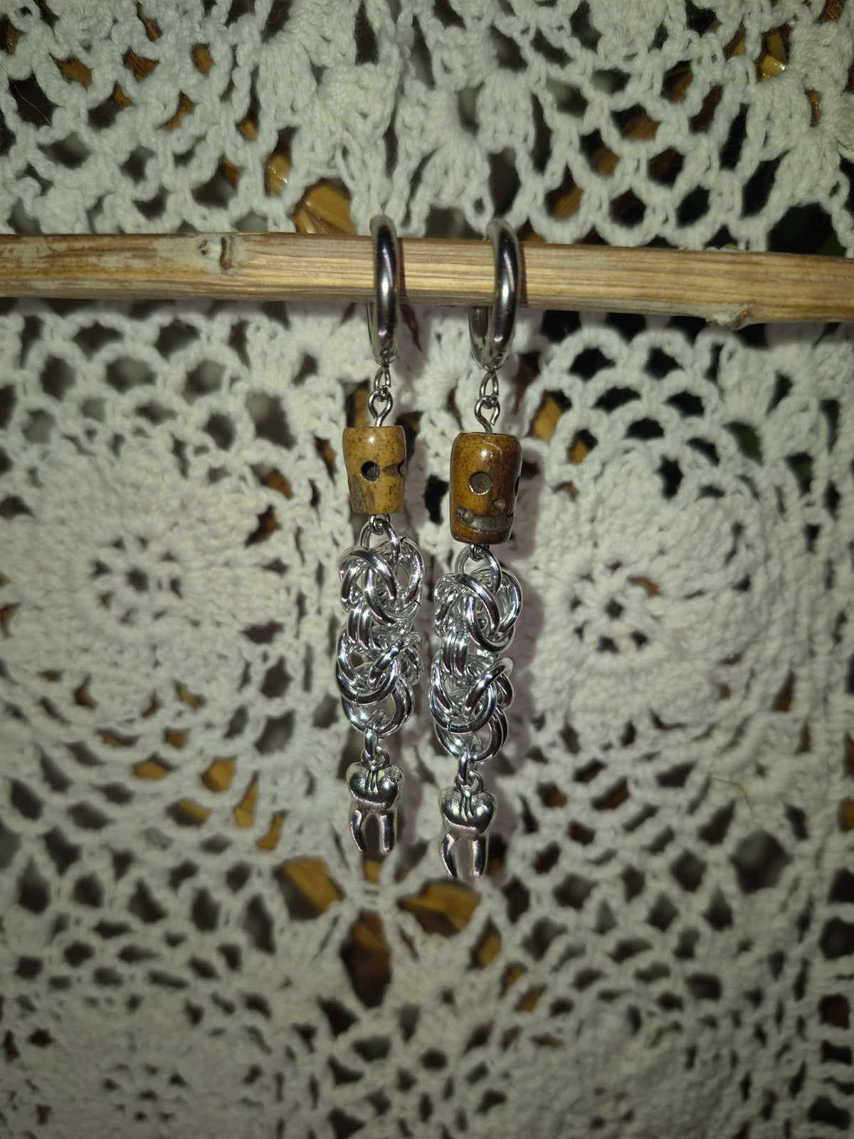 Wood Skulls Chainmail Tooth Earrings