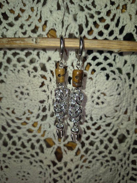 Wood Skulls Chainmail Tooth Earrings