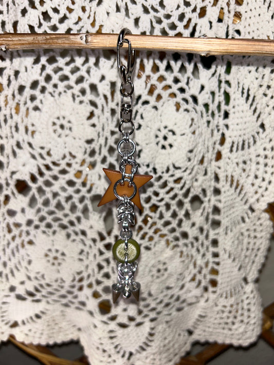 Brown Star and Green Button Chainmail Keychain