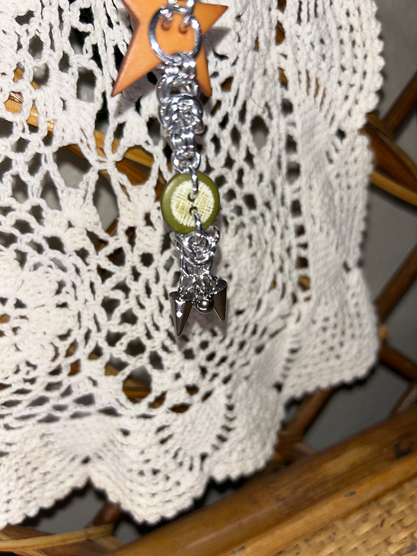 Brown Star and Green Button Chainmail Keychain