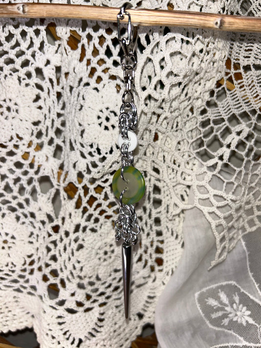White and Green Button Chainmail Keychain