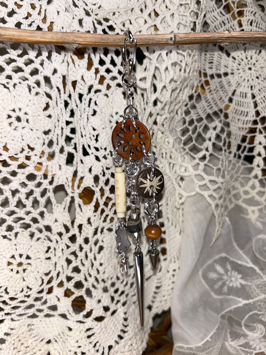 Wooden Button and Bone Bead Chainmail Keychain